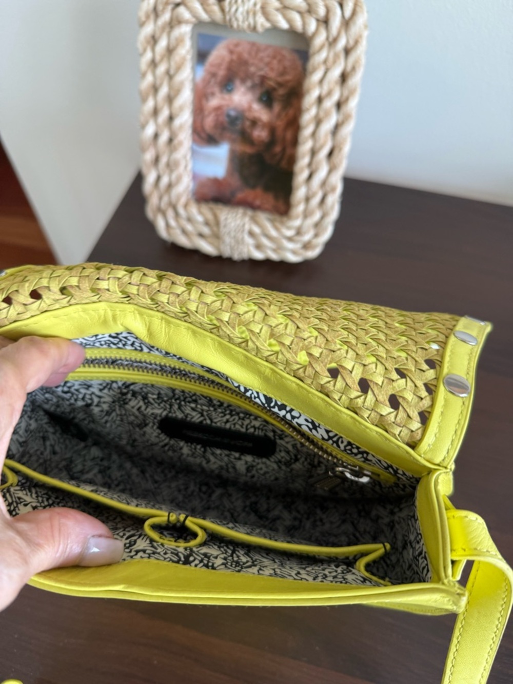 Rebecca Minkoff Neon Yellow Woven Saddle Crossbody with Silver Studs - Picture 6 of 6